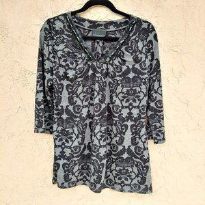 CYNTHIA ROWLEY BEADED BLOUSE 3/4 SLEEVE V-NECK